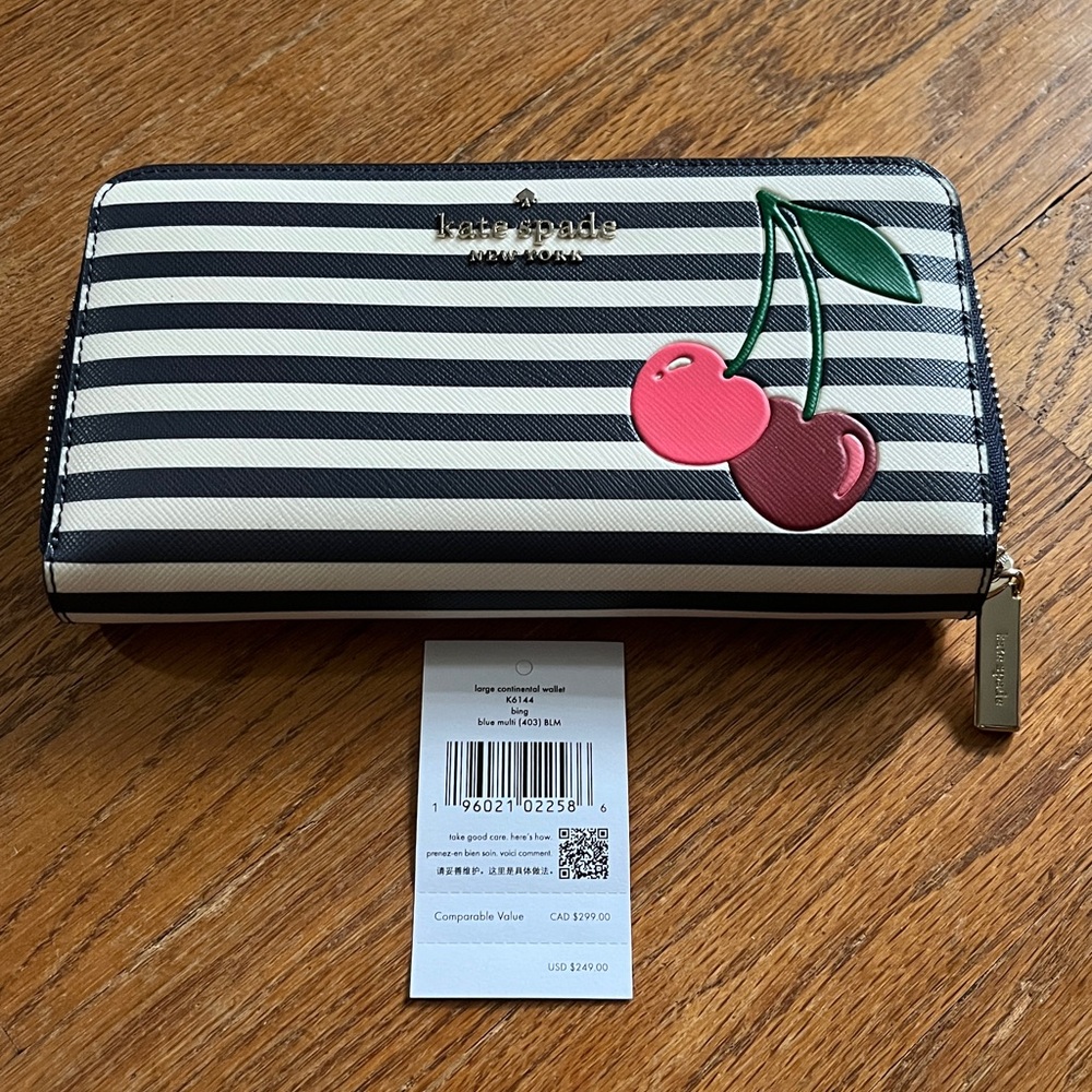 Kate Spade Navy and White Striped Wallet with Cherry Accent